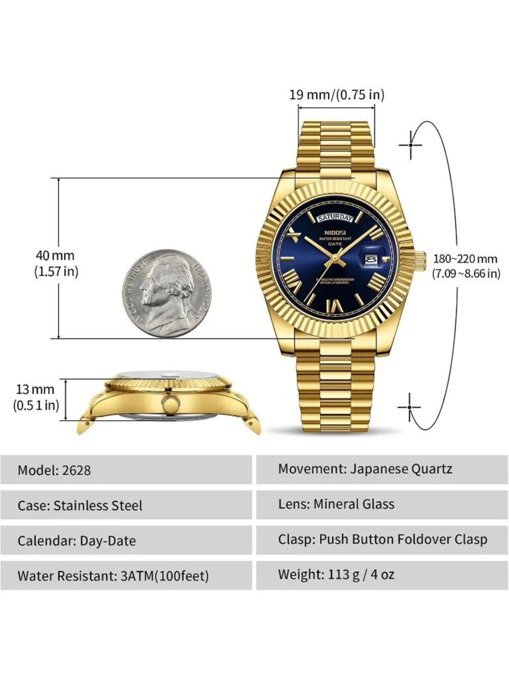 Nibosi Men's Gold Blue Analog Quartz Stainless Waterproof Desiger Wrist Watch